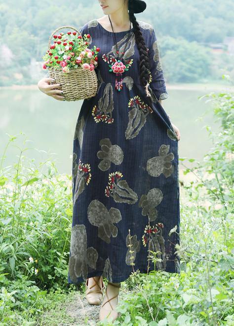 Loose navy cotton linen Robes Casual Sleeve prints summer Dress - SooLinen