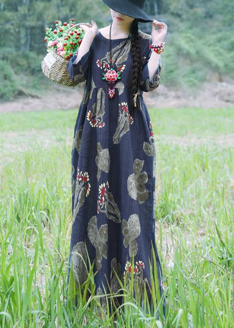 Loose navy cotton linen Robes Casual Sleeve prints summer Dress - SooLinen