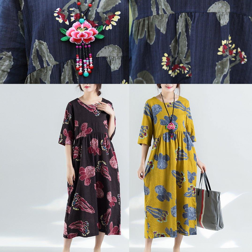 Loose navy cotton linen Robes Casual Sleeve prints summer Dress - SooLinen