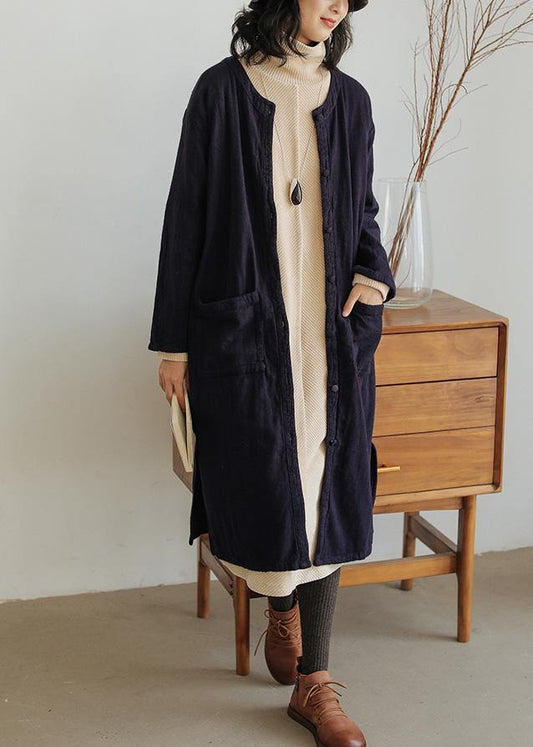 Loose navy fine clothes For Women Wardrobes o neck side open coat - SooLinen