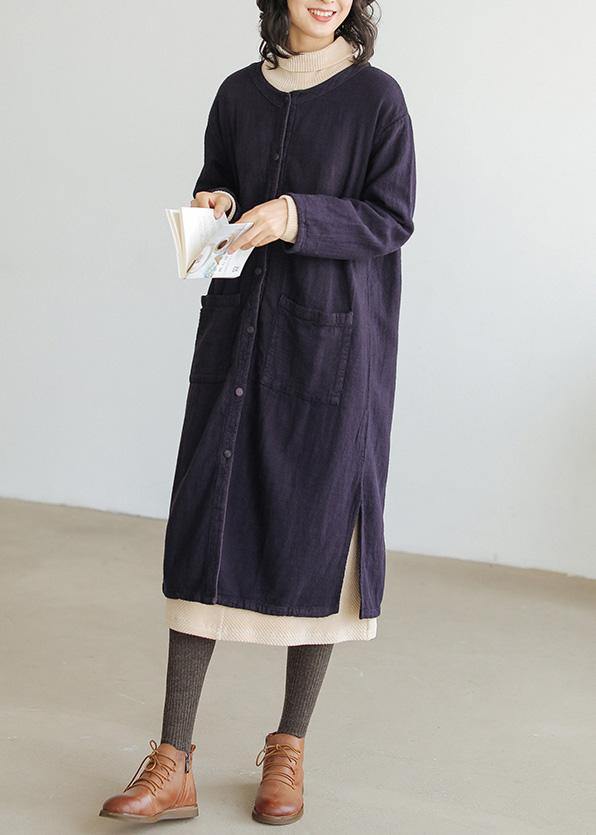 Loose navy fine clothes For Women Wardrobes o neck side open coat - SooLinen