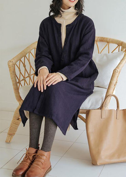 Loose navy fine clothes For Women Wardrobes o neck side open coat - SooLinen