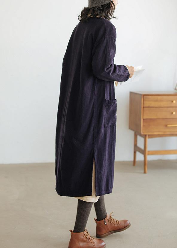 Loose navy fine clothes For Women Wardrobes o neck side open coat - SooLinen