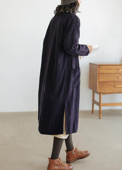 Loose navy fine clothes For Women Wardrobes o neck side open coat - SooLinen