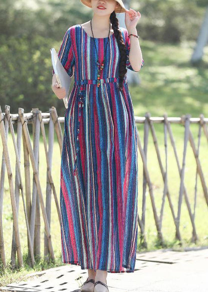 Loose o neck Half sleeve linen cotton outfit 2019 Photography blue striped long Dresses Summer - SooLinen