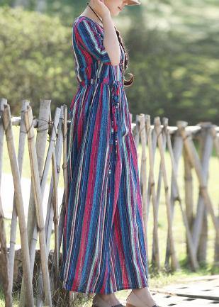 Loose o neck Half sleeve linen cotton outfit 2019 Photography blue striped long Dresses Summer - SooLinen