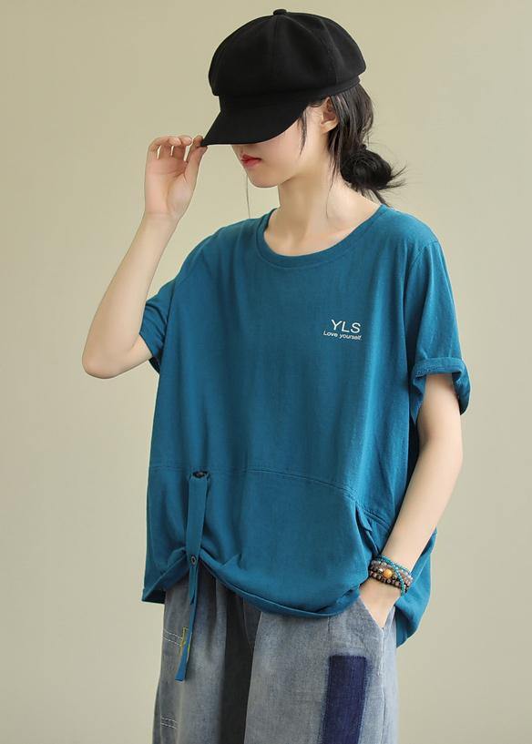Loose o neck Letter cotton tunics for women Tunic Tops blue blouse - SooLinen