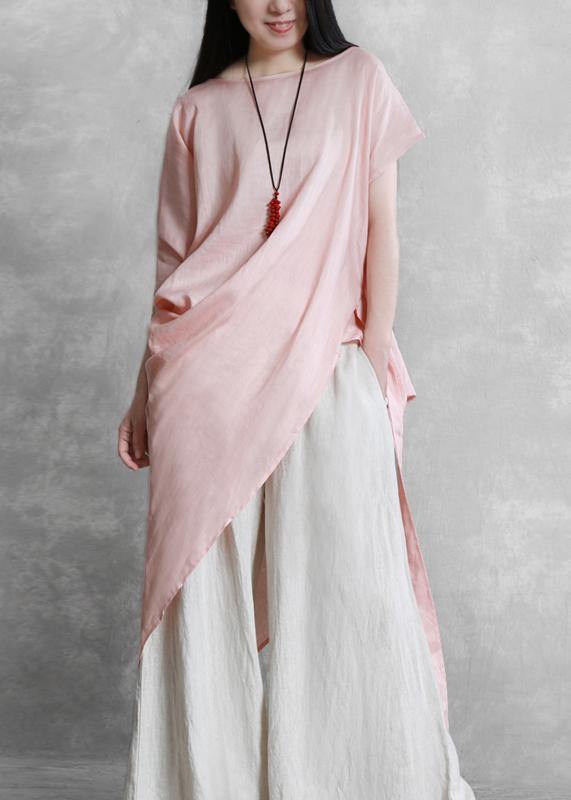 Loose o neck asymmetric tie waistTunic pattern pink tops - SooLinen