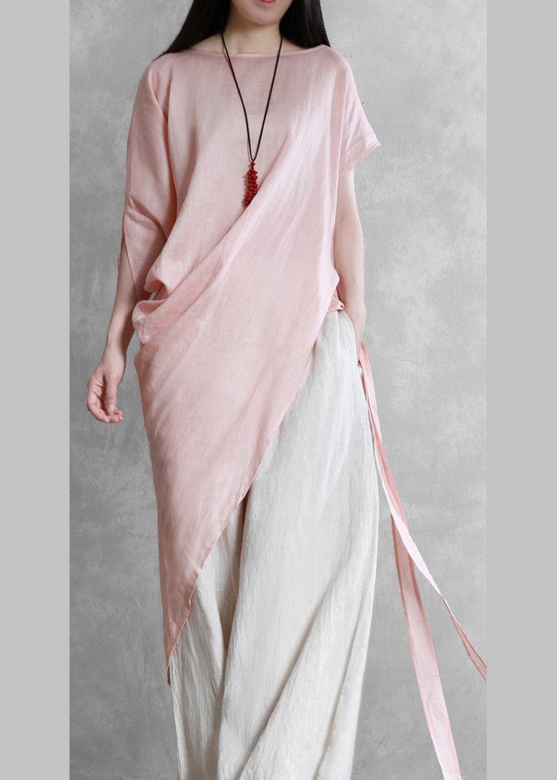 Loose o neck asymmetric tie waistTunic pattern pink tops - SooLinen