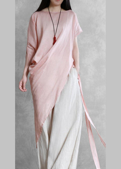 Loose o neck asymmetric tie waistTunic pattern pink tops - SooLinen