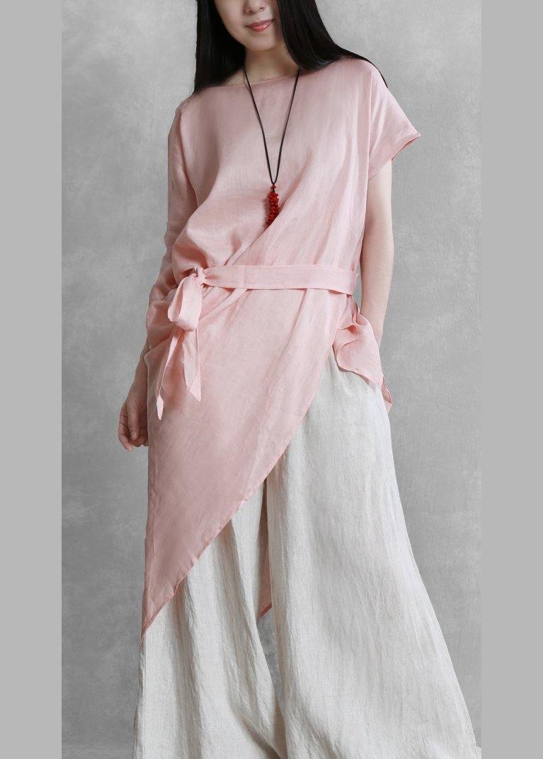 Loose o neck asymmetric tie waistTunic pattern pink tops - SooLinen