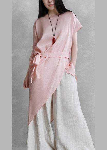 Loose o neck asymmetric tie waistTunic pattern pink tops - SooLinen