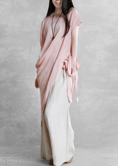 Loose o neck asymmetric tie waistTunic pattern pink tops - SooLinen