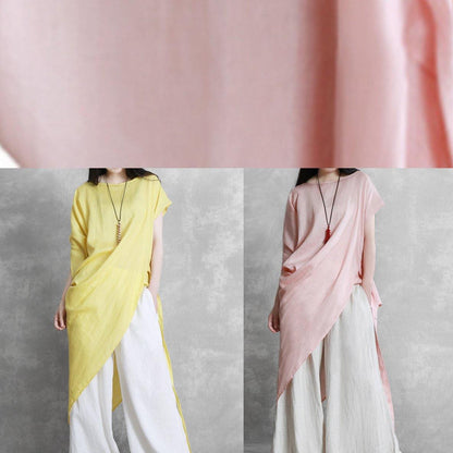 Loose o neck asymmetric tie waistTunic pattern pink tops - SooLinen