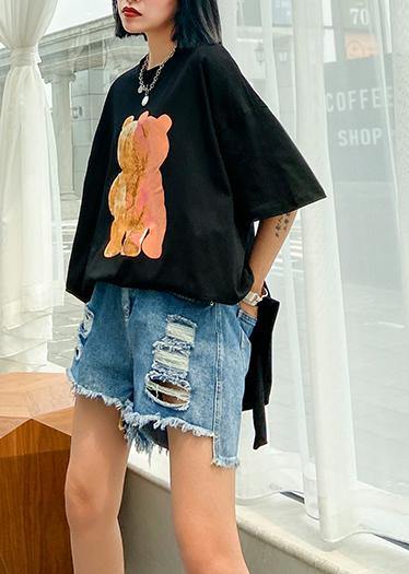 Loose o neck cotton box top Tutorials black print yellow shirt - SooLinen