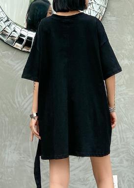 Loose o neck cotton box top Tutorials black print yellow shirt - SooLinen