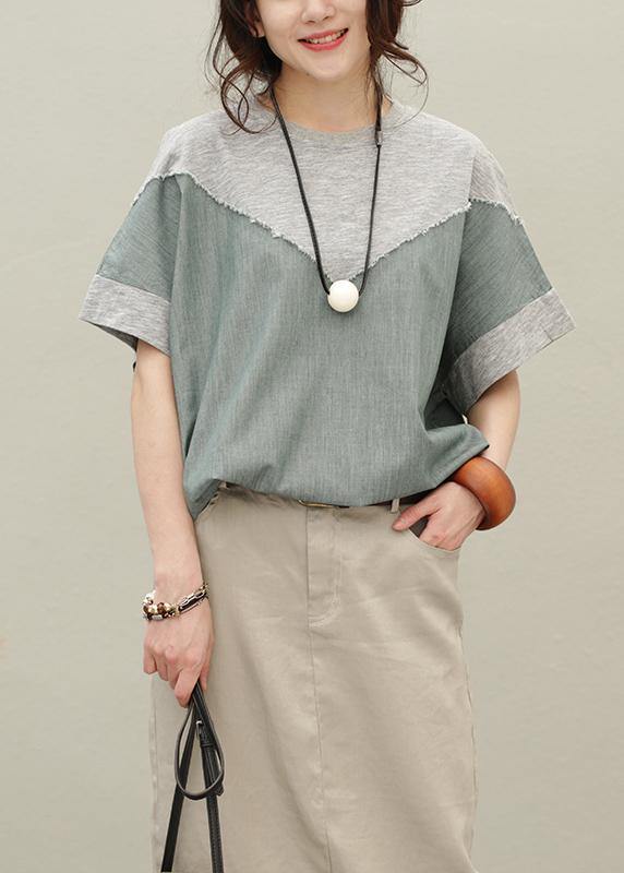 Loose o neck patchwork cotton summer Blouse pattern gray tops - SooLinen