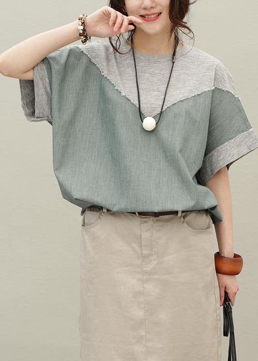 Loose o neck patchwork cotton summer Blouse pattern gray tops - SooLinen