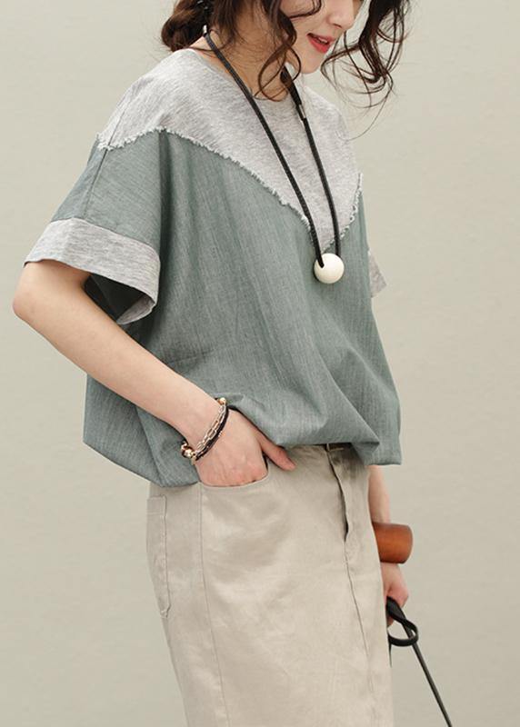 Loose o neck patchwork cotton summer Blouse pattern gray tops - SooLinen