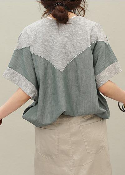 Loose o neck patchwork cotton summer Blouse pattern gray tops - SooLinen