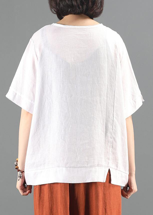 Loose o neck patchwork tunic top white print oversized tops - SooLinen