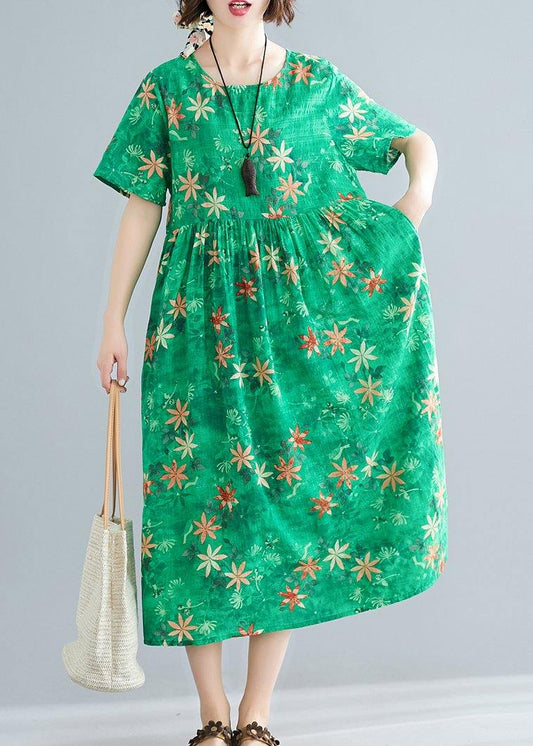 Loose o neck patchwork Cinched cotton dresses Outfits green print Traveling Dresses summer - SooLinen