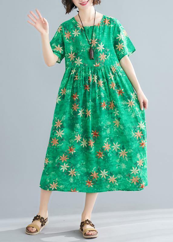 Loose o neck patchwork Cinched cotton dresses Outfits green print Traveling Dresses summer - SooLinen