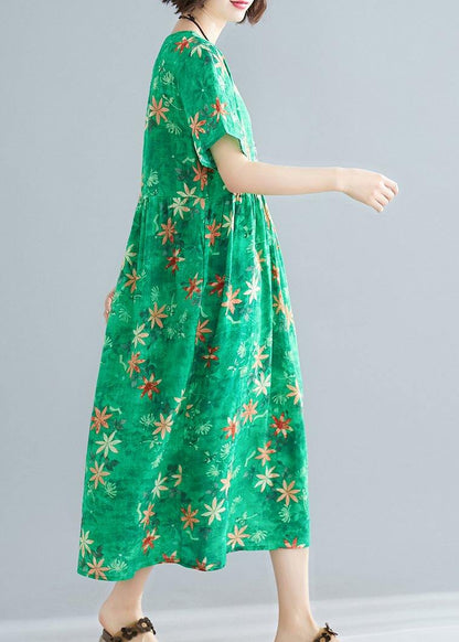 Loose o neck patchwork Cinched cotton dresses Outfits green print Traveling Dresses summer - SooLinen