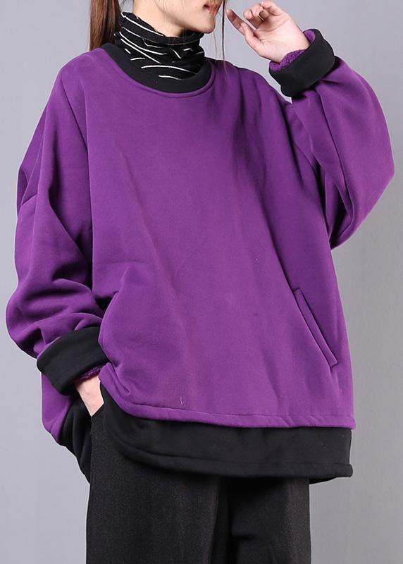 Loose o neck pockets cotton clothes For Women Inspiration purple shirts - SooLinen