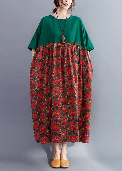 Loose o neck quilting dresses Catwalk blackish green patchwork print Dresses - SooLinen