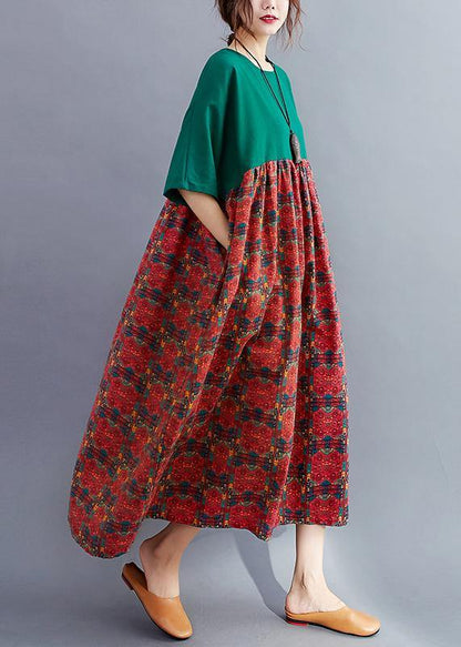 Loose o neck quilting dresses Catwalk blackish green patchwork print Dresses - SooLinen