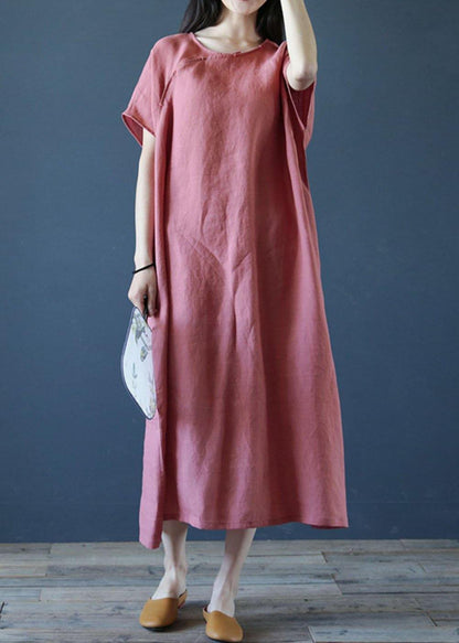 Loose o neck short sleeve linen dresses Sewing pink Dresses - SooLinen