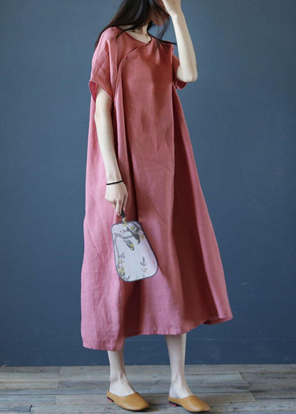 Loose o neck short sleeve linen dresses Sewing pink Dresses - SooLinen