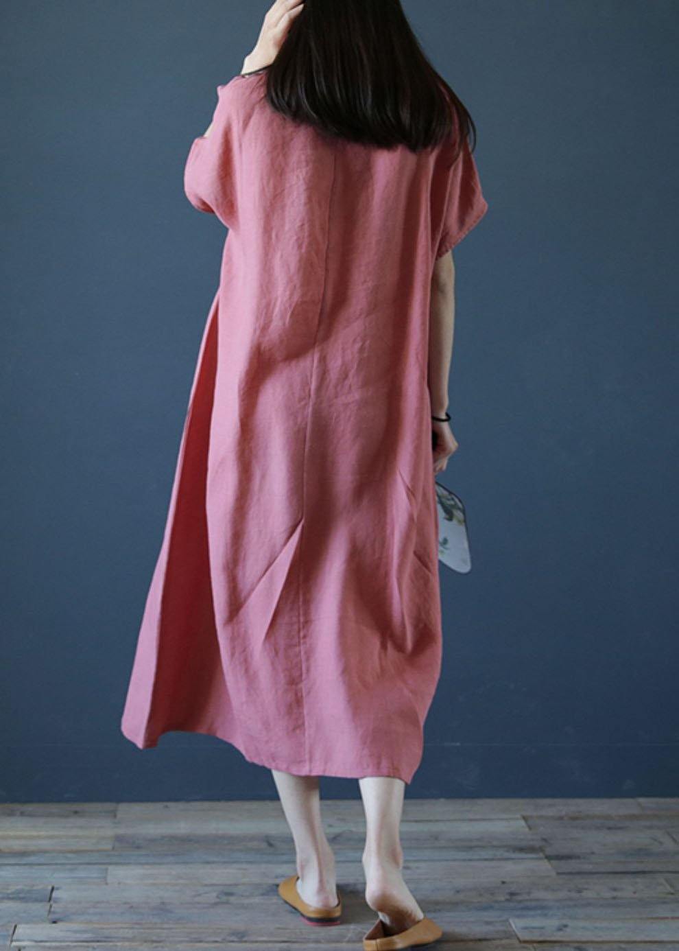 Loose o neck short sleeve linen dresses Sewing pink Dresses - SooLinen