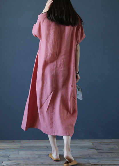 Loose o neck short sleeve linen dresses Sewing pink Dresses - SooLinen