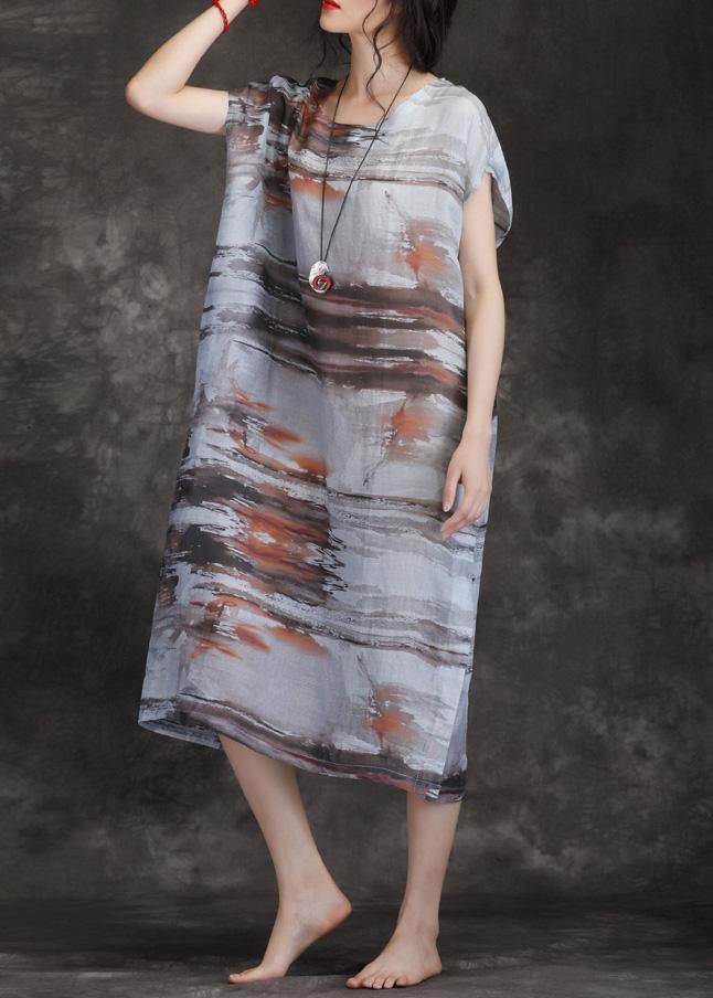 Loose o neck short sleeve pockets linen Robes gray print Dresses summer - SooLinen
