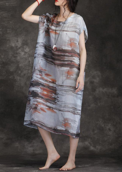 Loose o neck short sleeve pockets linen Robes gray print Dresses summer - SooLinen