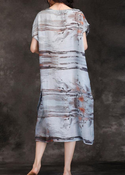Loose o neck short sleeve pockets linen Robes gray print Dresses summer - SooLinen