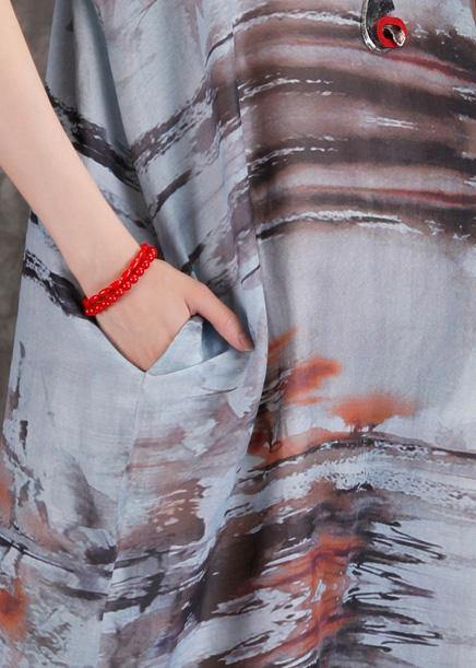 Loose o neck short sleeve pockets linen Robes gray print Dresses summer - SooLinen