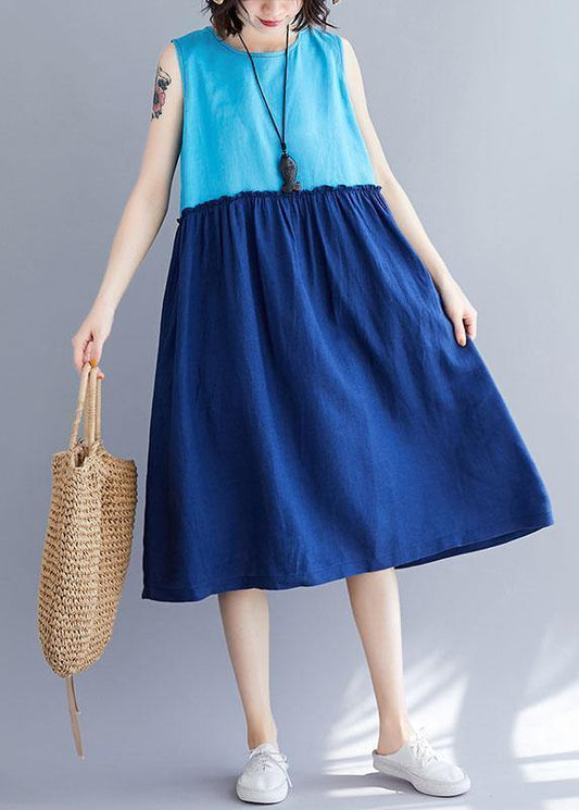 Loose o neck sleevless cotton linen quilting clothes Catwalk blue Dresses summer - SooLinen