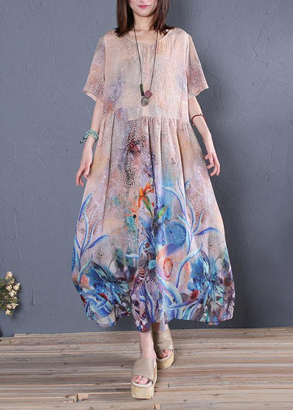 Loose o neck Cinched linen summer clothes Sleeve blue print Dress - SooLinen