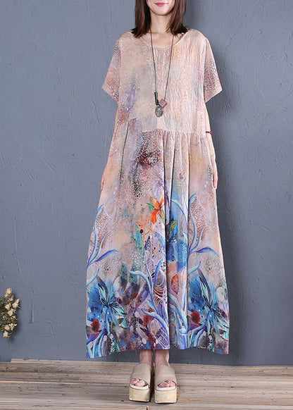 Loose o neck Cinched linen summer clothes Sleeve blue print Dress - SooLinen