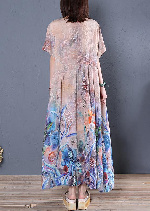 Loose o neck Cinched linen summer clothes Sleeve blue print Dress - SooLinen