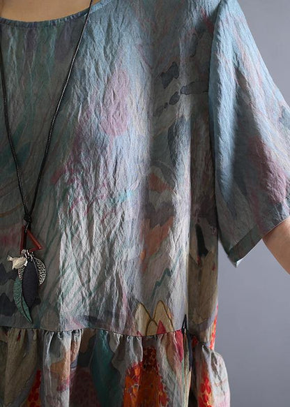 Loose o neck Cinched linen summer clothes Wardrobes khaki print Dress - SooLinen