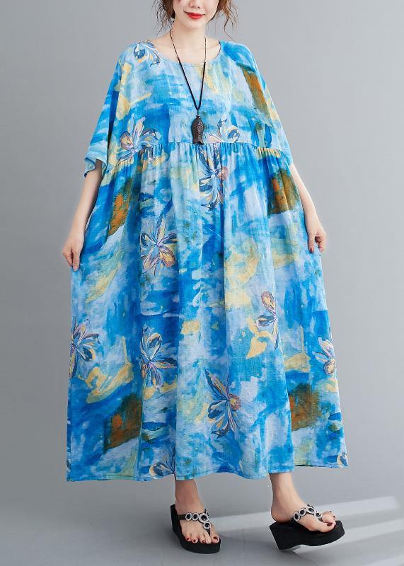Loose o neck Cinched summer clothes blue print Maxi Dresses - SooLinen