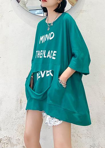 Loose o neck zippered cotton Tops blue green blouse - SooLinen