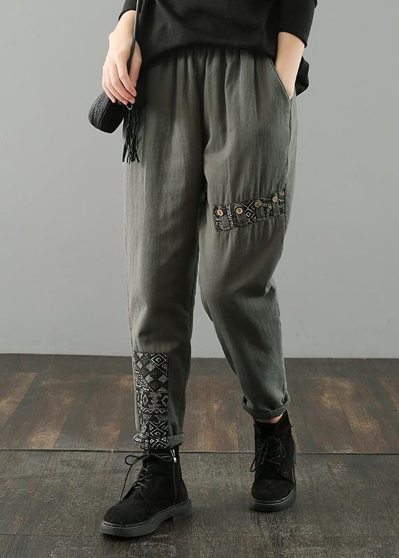 Loose pant plus size army green design elastic waist patchwork wild pants - SooLinen