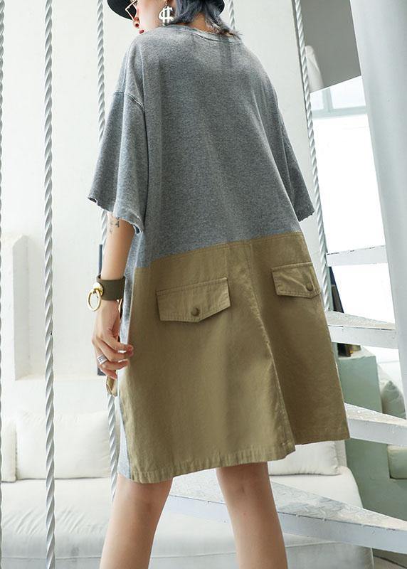 Loose patchwork big pockets Cotton clothes Women Inspiration gray Dresses summer - SooLinen