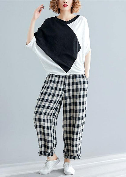 Loose patchwork cotton clothes Sewing black shirts summer - SooLinen