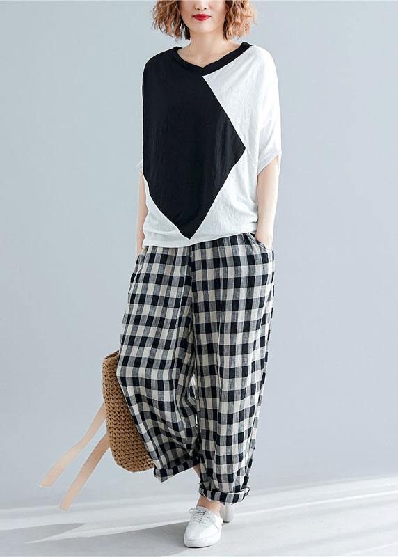 Loose patchwork cotton clothes Sewing black shirts summer - SooLinen